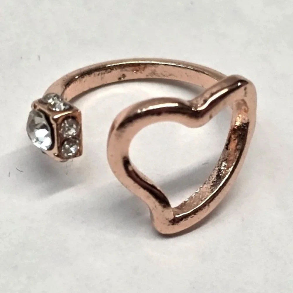 New Rose Gold Tone Open Heart Wrap Ring Size 2 Pinky Midi Toe Kiddie Rhinestone